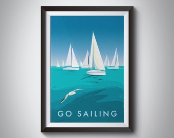 Go Sailing Print, Sailing Wall Art, Outdoor Adventure, Sailor Gift, Vintage Travel Poster, Boating Illustration, Boats, Framed Print, Retro