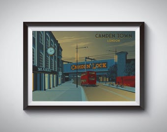 Camden Town London Travel Poster, Camden Lock Bridge, Camden Market, Travel Print, Camden Wall Art, Chalk Farm, Primrose Hill, Illustration
