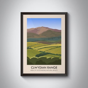Clwydian Range AONB Travel Poster, Wales, The Clwyds, Llandegla, Prestatyn, Moel Famau, Dee Valley, Vintage Travel Print, Wales Poster Art