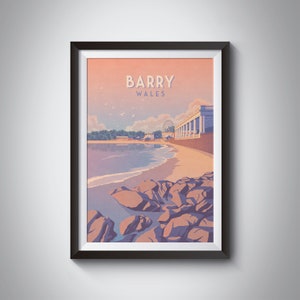 Poster de viagens de Barry Wales, Vale of Glamorgan, Cardiff, arte galesa, beira-mar, praia, impressão de viagens vintage, Barry Island Pleasure Park, emoldurado