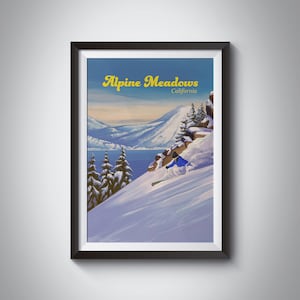 Alpine Meadows Ski Resort Poster, California, USA Travel Print, Lake Tahoe, Squaw Valley, Vintage Ski Print, Snowboarden, Ingelijst kunstwerk