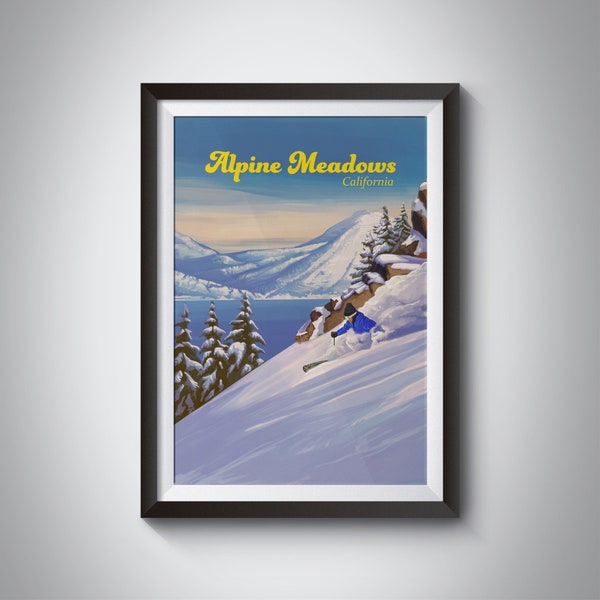 Alpine Meadows Ski Resort Poster, California, USA Travel Print, Lake Tahoe, Squaw Valley, Vintage Skiing Print, Snowboarding, Framed Artwork