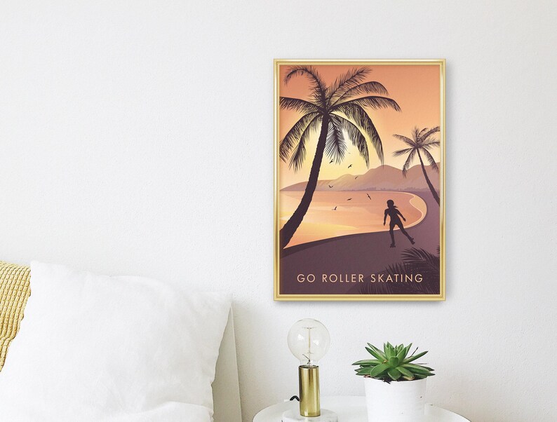 Go Roller Skating Art Print, Outdoor Hobbies, Roller Blading, Vintage Travel Poster, Outdoor Activities, Framed Print, Retro Skating Gift image 3