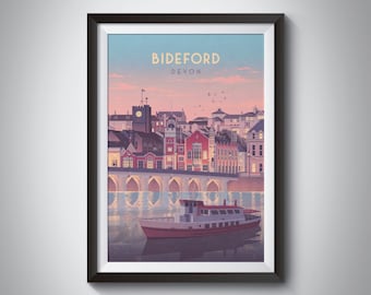 Bideford Devon Seaside Travel Poster, ingelijste reisprint, Noord-Devon, River Torridge, Westward Ho, Appledore, Wall Art Gift, Engelse kust