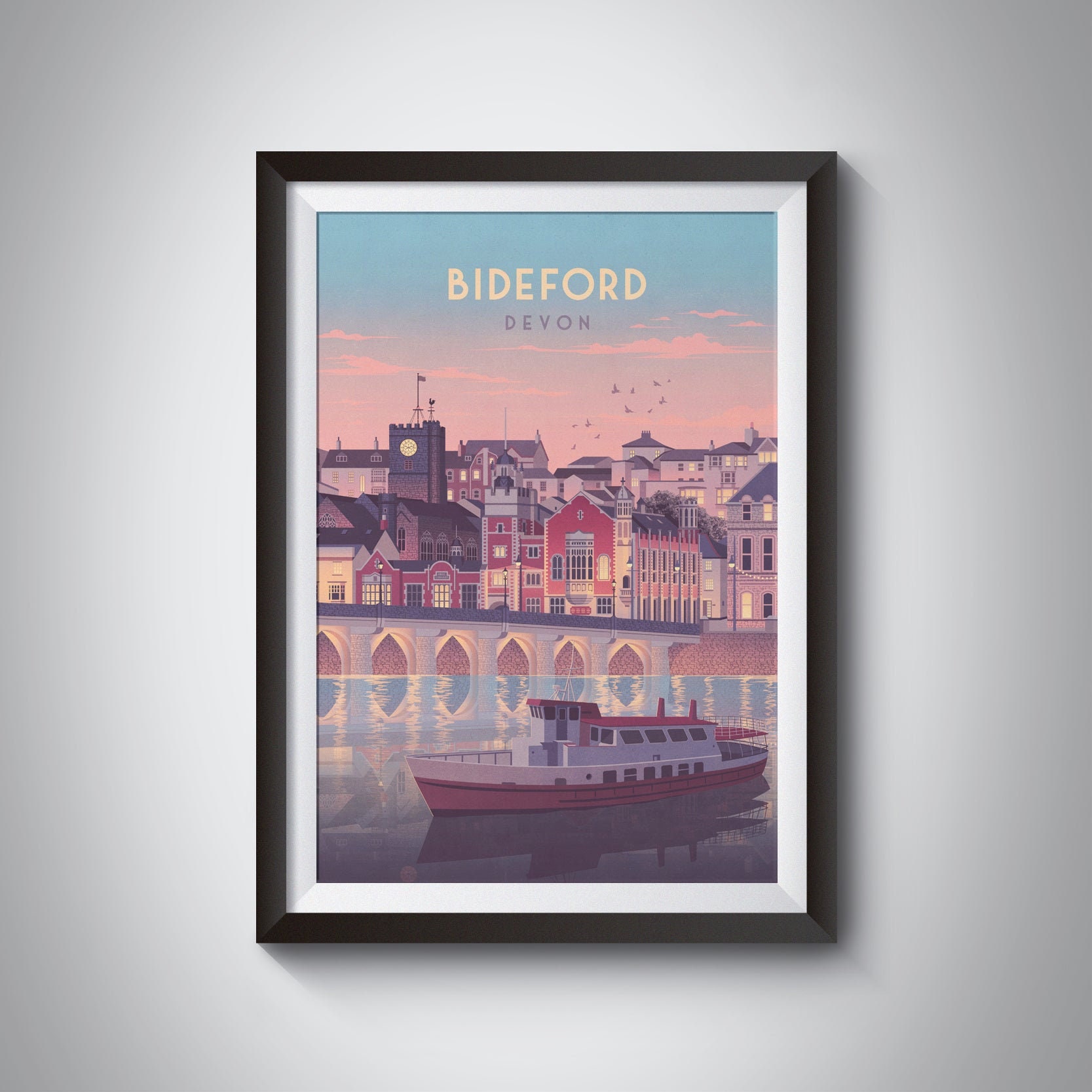 Bideford Devon Seaside Travel Poster, Framed Travel Print, North Devon, River Torridge, Westward Ho, Appledore, Wall Art Gift, England Coast