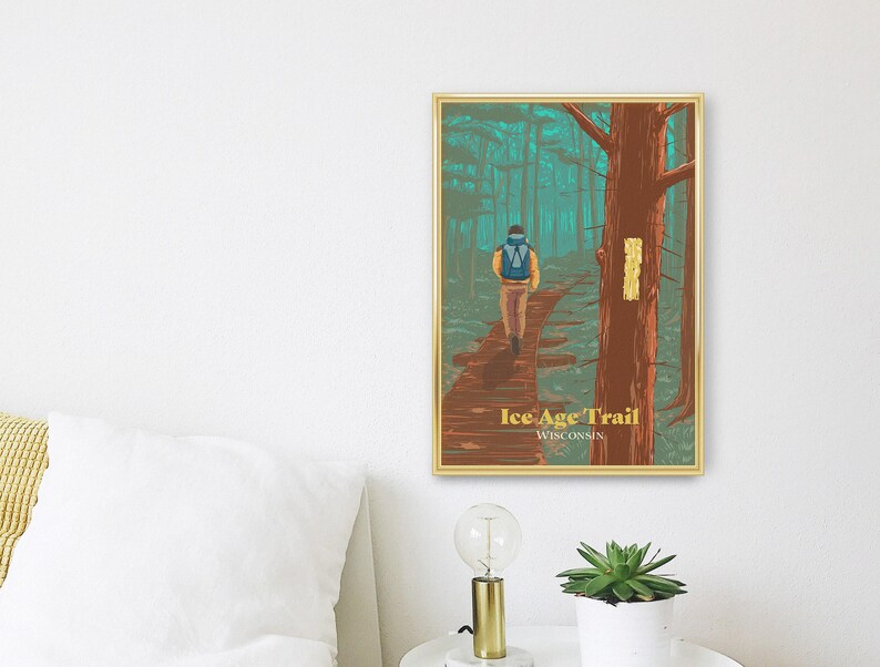 Póster de la Ruta de la Edad de Hielo de Wisconsin, Impresión de viaje por EE. UU., Senderismo de larga distancia, Senderismo de larga distancia, Apalaches, Cresta del Pacífico, John Muir, Mochilero, Senderismo imagen 3