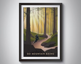 Cykla mountainbike, vintage reseaffisch, hobbyer, cykling, utomhusaktiviteter, extremsporter, cykelväggkonst, cykelpresent, natur