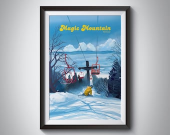 Magic Mountain Vermont Ski Resort Travel Poster, Snowboarding, USA Ski Gift, Glebe Mountain, Stowe, Stratton, Bromley, Vintage Print, Framed