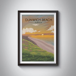 Dunwich Beach Travel Poster, Suffolk Seaside, Southwold Print, Dunwich Dynamo, Suffolk Coast and Heath AONB, Covehithe, Aldeburgh, Vintage