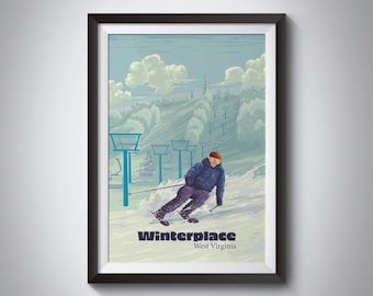 Winterplace West Virginia Ski Resort Reiseposter, Skigebiet Druck, Raleigh County WV, Pistenkarte, Skifahren, Snowboarden, Wandkunstdruck Geschenk