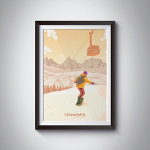 Chamonix Snowboarding Poster, Mont Blanc, Retro Ski Print, Vintage, Skiing, Snowboard Decor, France, French Alps, Gift, Snowboarder Artwork