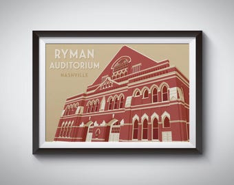 Póster del Auditorio Ryman, Impresión de viaje a Nashville, Tennessee, Ciudad de la música, Pintura, Música country, Grand Ole Opry, Estados Unidos, Música americana, Regalo
