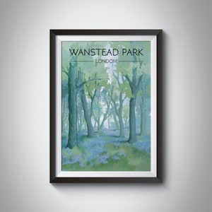 Wanstead Park Poster, London Travel Print, Wanstead Flats, Walthamstow, Leytonstone, East London, Bluebells, Forest Nature, Vintage Wall Art image 1