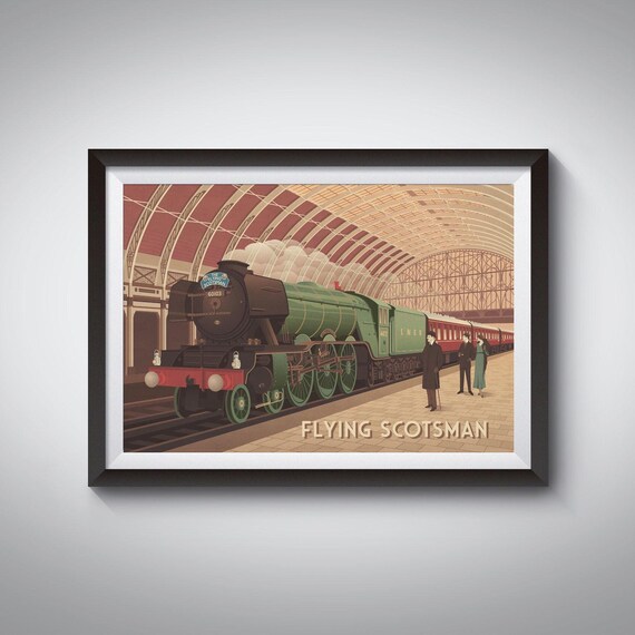 Flying Scotsman Poster, Steam Train, Steam Locomotive, Vintage Railway Poster, Travel Print, Wall Art Gift, Art Deco, Trainspotting Hobby