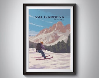 Val Gardena Ski Resort Poster, Dolomites, Italy, South Tyrol, Puez-Odle Nature Park, Snowboarding, Vintage Travel Print, Retro Skiing Gift