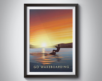 Go Wakeboarding Art Print, Travel Poster, Outdoor Adventure, Water Sports, Kitesurfing, Hobbies, Swimming, Lake, Ocean, Retro Artwork, Gift