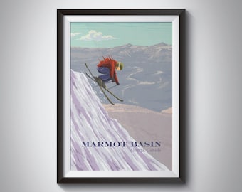Marmot Basin skidort poster, Alberta Kanada, Jasper nationalpark, snowboardåkning, vintage resetryck, retro skidkonst, inramat konstverk