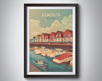 Exmouth Devon Seaside Travel Poster, ingelijste reisprint, kunst aan de muur cadeau, Exeter, Exmouth Beach, Jurassic Coast, Dawlish, Budleigh Salterton