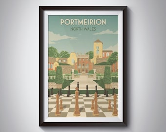 Cartel de viaje de Portmeirion, Gwynedd Gales del Norte, Impresión junto al mar, Cartel de viaje galés, Impresión de arte mural, Portmeirion Village, Castell Deudraeth