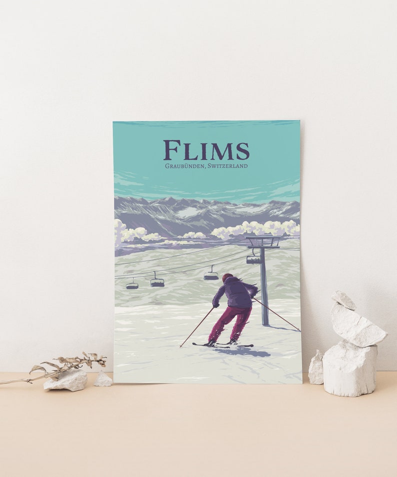 Flims Ski Resort Poster, Switzerland, Flims Laax Falera, Imboden Region, Snowboarding, Vintage Travel Print, Retro Skiing Art, Swiss Alps image 6