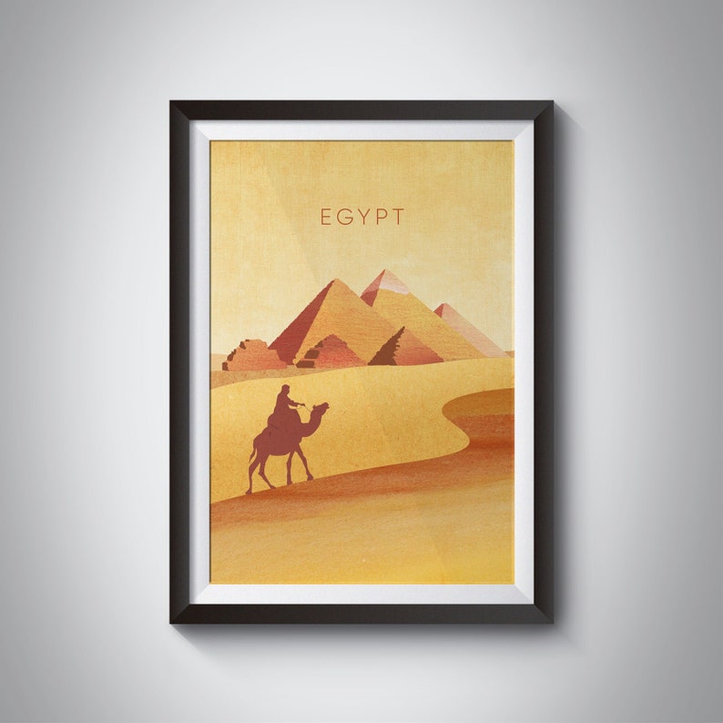 Ägypten Minimal Reise Poster, Pyramiden von Gizeh, Retro Wand Kunst, Kairo, Vintage Reise Druck, Minimal Illustration, gerahmter Druck, Geschenk Bild 1