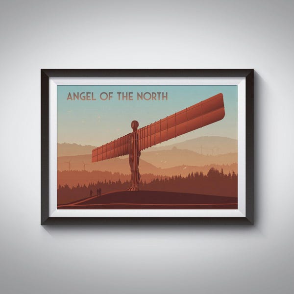 Póster de viaje "Ángel del Norte", Tyne y Wear, Gateshead, Newcastle, autopista A1, lámina de Anthony Gormley, arte mural del noreste de Inglaterra