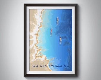 Go Sea Schwimmen Reise Poster, Wild Schwimmen, Schwimmen im offenen Wasser, Vintage Reise Druck, Outdoor Hobbys, Abenteuer, Wandkunst, Kaltwasser