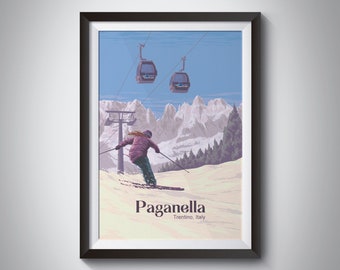 Paganella Ski Resort Poster, Trentino Italy, Lake Garda, Brenta Dolomites, Snowboarding, Vintage Travel Print, Paganella Andalo, Skiing Art