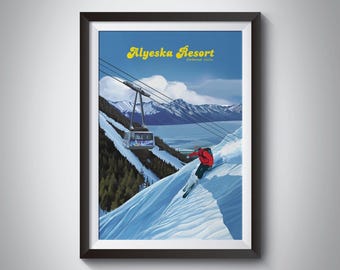 Alyeska Ski Resort Poster, Girdwood Alaska USA, Chugach Mountain Range, Snowboarding, Anchorage, Vintage Travel Print, Ski Gift, Retro Art
