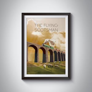 El cartel de Flying Scotsman, impresión de tren de vapor, locomotora de vapor, cartel de ferrocarril vintage, viajes, arte de pared, impresión de parque nacional, ilustración