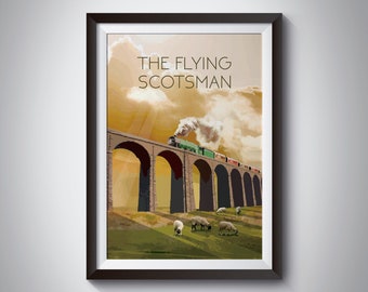 The Flying Scotsman Poster, Steam Train Print, Steam Locomotive, Vintage Railway Poster, Travel, Wall Art, National Park Print, Illustration