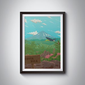 Costa Rica Travel Poster, Nationaal Park, Retro, Vintage Print, Rainforest, Cloud Forest, Arenal vulkaan, Monteverde, Pura Vida, Toucan