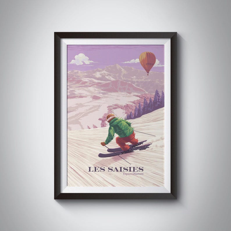Cartel de la estación de esquí de Les Saisies, Francia, Espace Diamant, Hauteluce, Alpes franceses, Saboya, Albertville, Vintage Travel Print, Snowboard Art imagen 1