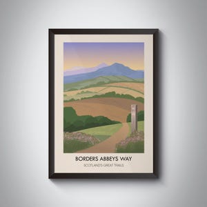 Póster de Borders Abbeys Way, Grandes Senderos de Escocia, Melrose, Dryburgh, Jedburgh, Kelso, Senderismo, Munros, Parque Nacional, Láminas de Viaje Vintage