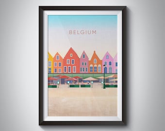 Belgium Minimal Travel Poster, Bruges Travel Print, Brussels, Ghent, Antwerp, Zeebrugge, Framed Wall Art, Europe, Illustration, Cityscape