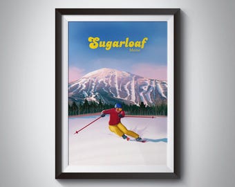 Póster de la estación de esquí Sugarloaf, Maine, EE. UU., Valle de Carrabassett, Montaña Sugarloaf, snowboard, obra de arte retro, póster de viaje, impresión vintage de esquí.