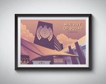 Póster de la discoteca londinense Ministry of Sound, música house, música dance, discotecas, fiestas, telas, impresiones, DJ, impresiones de viajes, arquitectura.