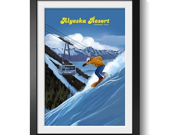 Alyeska Snowboard Poster, Alyeska Ski Resort Print, Girdwood Alaska USA, Chugach Mountain Range, Vintage Travel Print, Ski Gift, Retro Art
