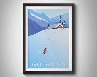 Go Skiing Print, Travel Poster, Outdoor Adventure, Hobbies, Gift for Skiers, Mountaineering, Wild Swimming, Hiking, Vintage Ski Poster Art