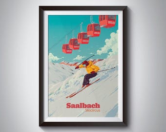 Saalbach Ski Resort Poster, Vintage Skiing Print, Skicircus Wall Art, Austria Ski Poster, Ski Lift Print, Salzburg, Snowboarding Gift