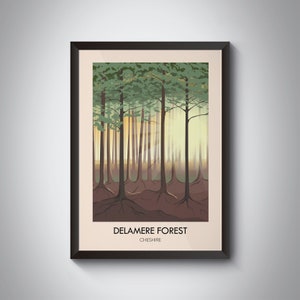 Cartel del bosque de Delamere, Cheshire Inglaterra, Impresión de viaje, Chester, Blakemere Moss, Senderismo, Ciclismo, Cartel del parque nacional, Regalo de impresión de arte de pared