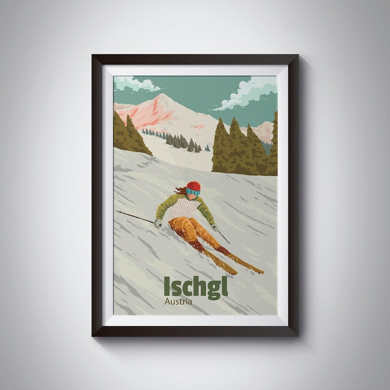 Póster de la estación de esquí de Ischgl, impresión de viaje a Austria, valle de Paznaun, snowboard, San Antón, temporada de esquí, Tirol, arte vintage de esquí, regalo de esquí imagen 1