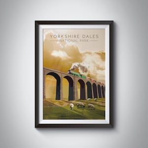 Yorkshire Dales National Park Poster, England Travel Print, Vintage, Steam Train, Flying Scotsman, Ribblehead Viaduct, North York Moors Art