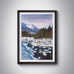 Cartel del Parque Nacional de Cairngorms, Impresión de viaje, Cartel de ferrocarril retro, Reno, Regalo de Escocia, Tierras altas de Escocia, Senderismo, Decoración de arte de pared
