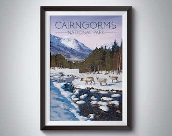 Cairngorms National Park Poster, Travel Print, Retro Railway Poster, Reindeer, Scotland Gift, Scottish Highlands, Hiking, Wall Art Decor