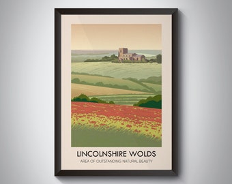 Lincolnshire Wolds AONB Travel Poster, All Saints Church Walesby, Lincoln, British Countryside, Vintage Print, North England, Framed Print