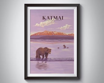 Plakat z Parku Narodowego i Rezerwatu Katmai, wydruk podróżniczy z Alaski w USA, niedźwiedź grizzly, sztuka „See America”, vintage WPA, Dolina Dziesięciu Tysięcy Dymów