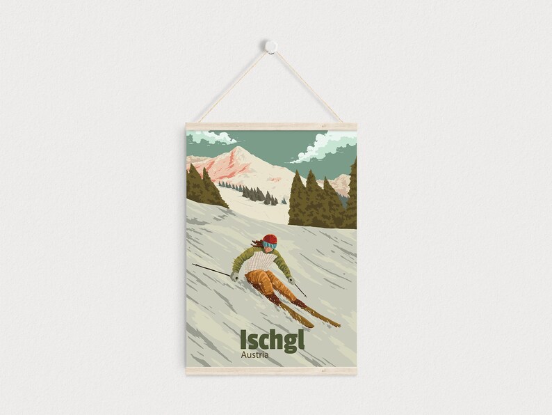 Póster de la estación de esquí de Ischgl, impresión de viaje a Austria, valle de Paznaun, snowboard, San Antón, temporada de esquí, Tirol, arte vintage de esquí, regalo de esquí imagen 6