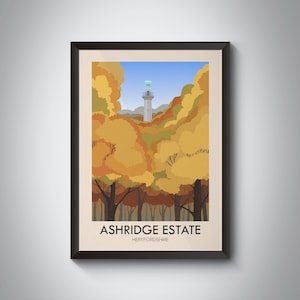 Ashridge Estate Travel Poster, Hertfordshire, The Chiltern Hills, Berkhamsted, AONB, Tring, Vintage Travel Print, Bridgewater Monument, Art