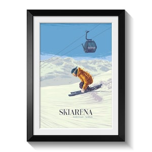Affiche de la station de ski Skiarena Andermatt-Sedrun, Alpes suisses, impression de voyage, Oberalp, Disentis, art de ski rétro, impression de ski vintage, art de snowboard